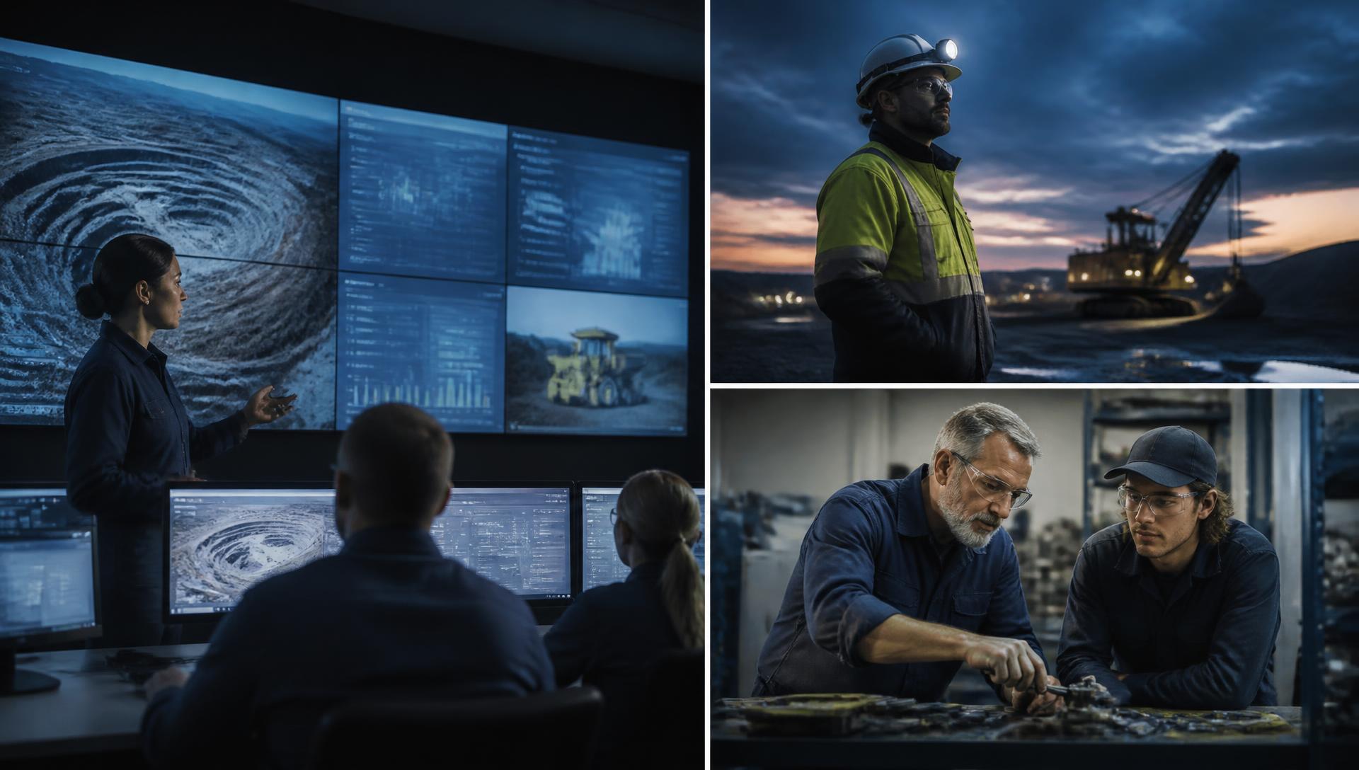 Operations briefing room, a mine site supervisor at dusk and a trades instructor at a workbench